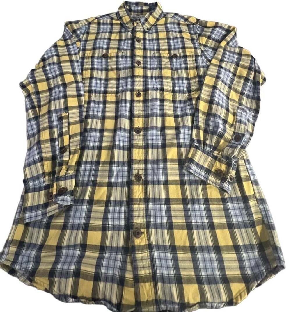 Duluth Trading Co Plaid Flannel Shirt Size M Yellow Blue Long Sleeve